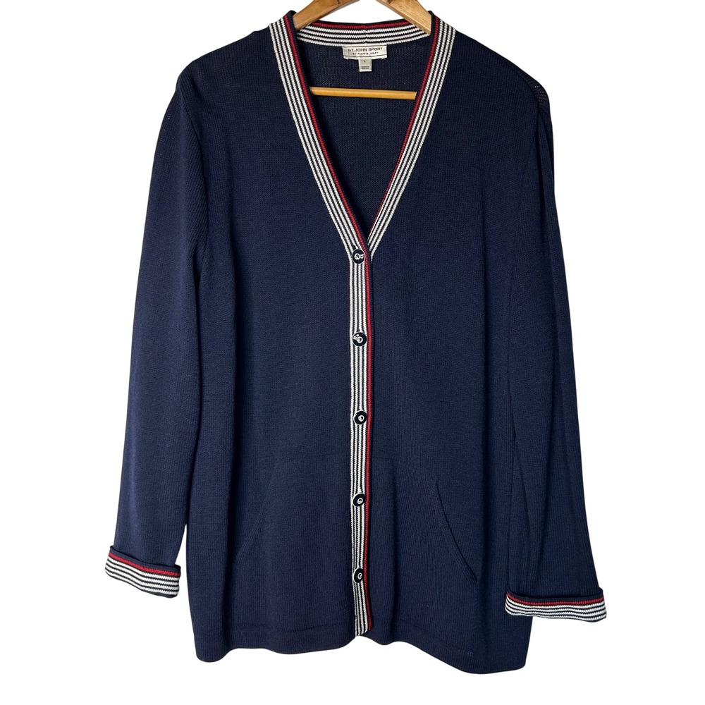 St John Sport Cardigan L Sweater Marie Gray Navy Wool‎ Blend Nautical Striped